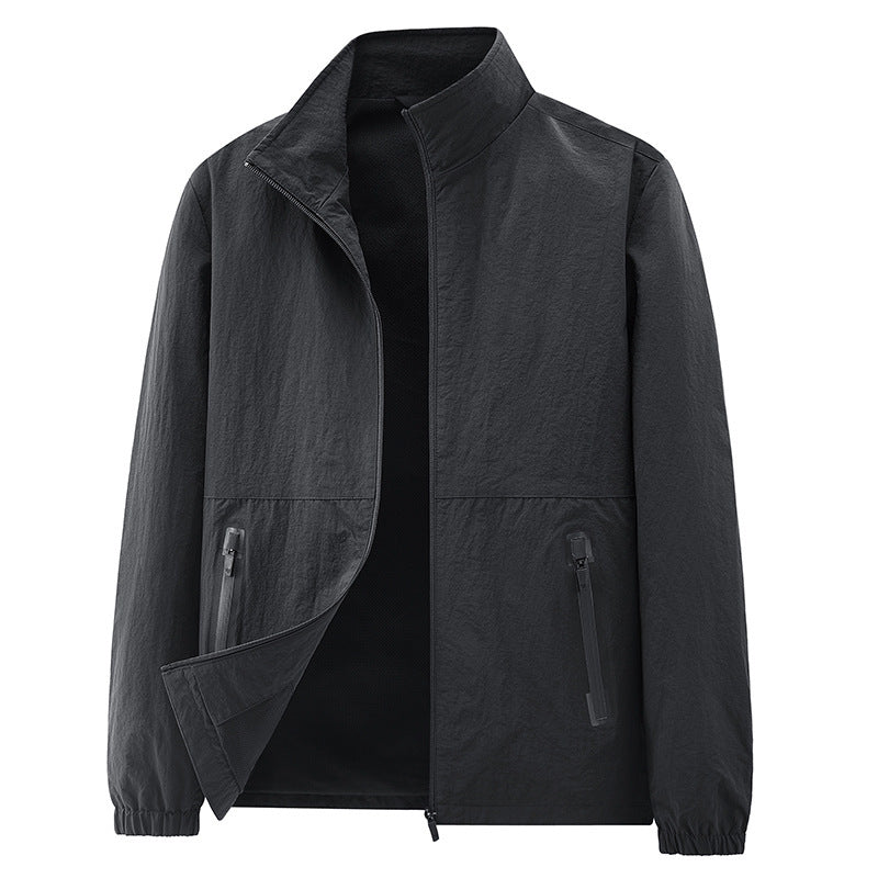Men's minimalist functional jacket with stand-up collar, breathable mesh lining, and water-repellent zippers Fashion Glam
