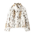 Women Short Faux-Fur Jacket with Dotted Lynx Print and Minimalist Stand Collar Fashion Glam
