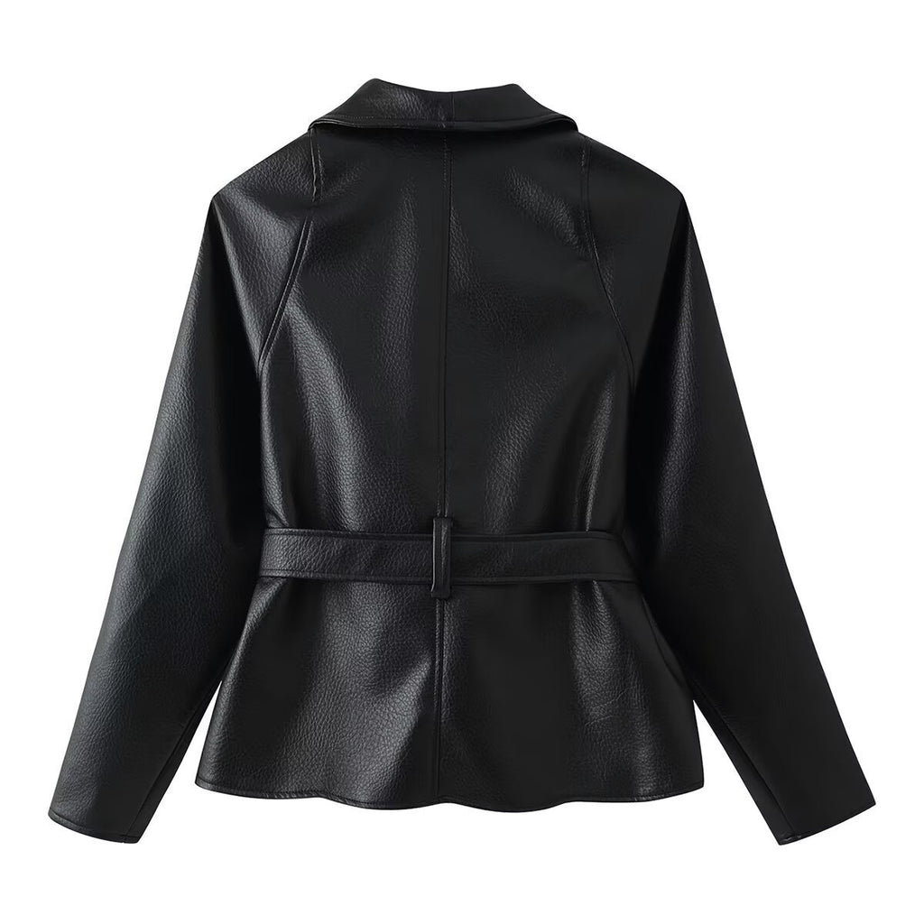 Women's Tailored Tie-Belt Leather Blazer with Shawl Collar Fashion Glam