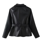Women's Tailored Tie-Belt Leather Blazer with Shawl Collar Fashion Glam
