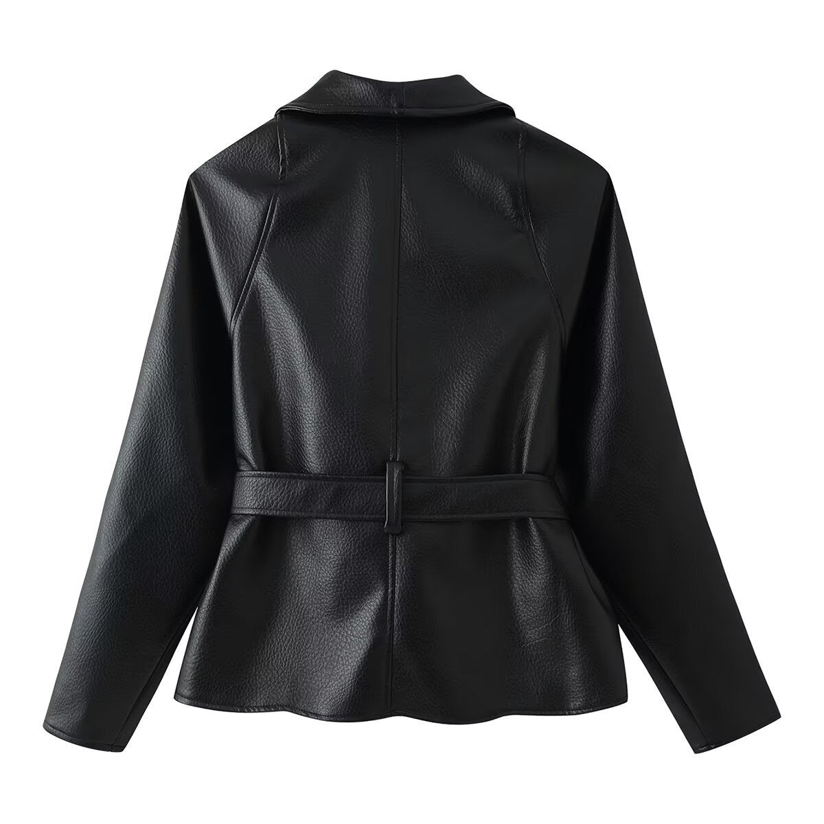 Women's Tailored Tie-Belt Leather Blazer with Shawl Collar Fashion Glam