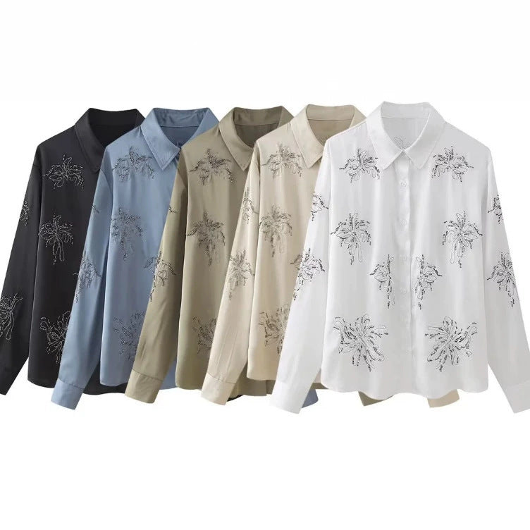 Women's embroidered silk-look blouse with sparkling crystal embellishments and shirt collar Fashion Glam