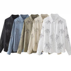 Women's embroidered silk-look blouse with sparkling crystal embellishments and shirt collar Fashion Glam