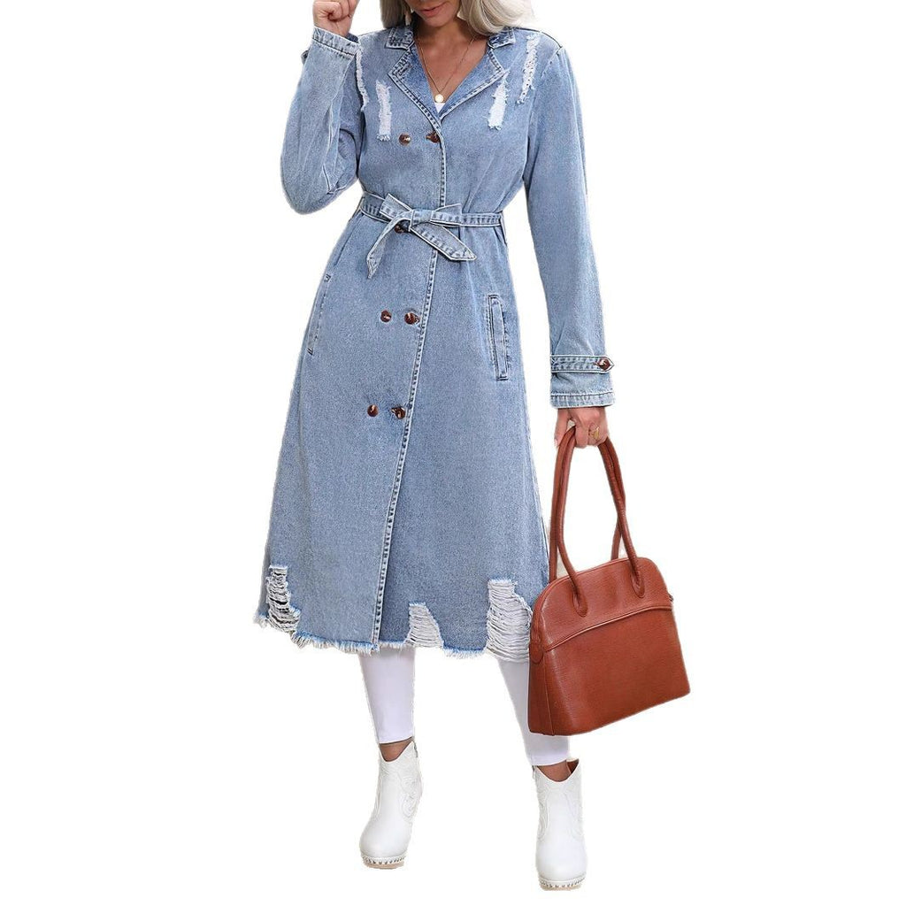 Women's Long Denim Trench Coat with Distressed Hem and Double-Breasted Button Placket Fashion Glam