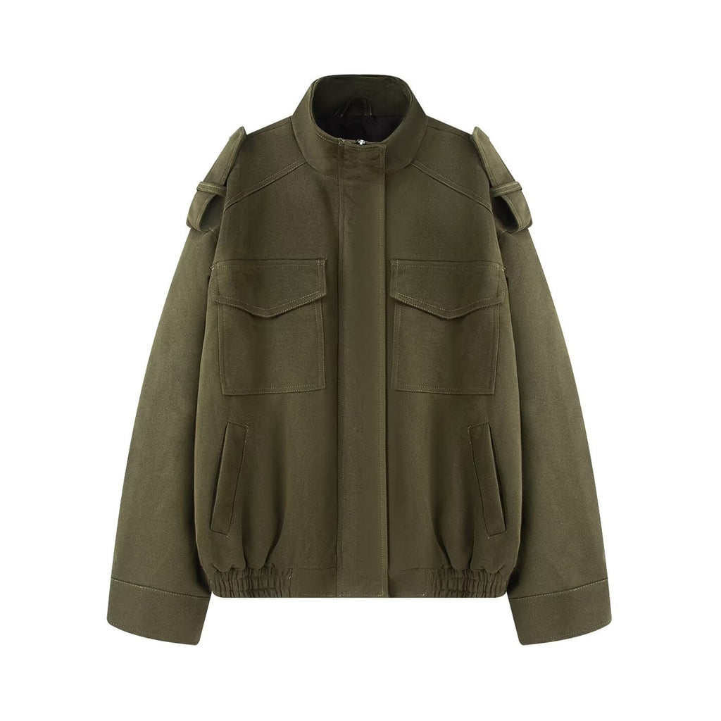 Ladies wool blend blouson with shoulder epaulettes, patch breast pockets and elastic hem Fashion Glam