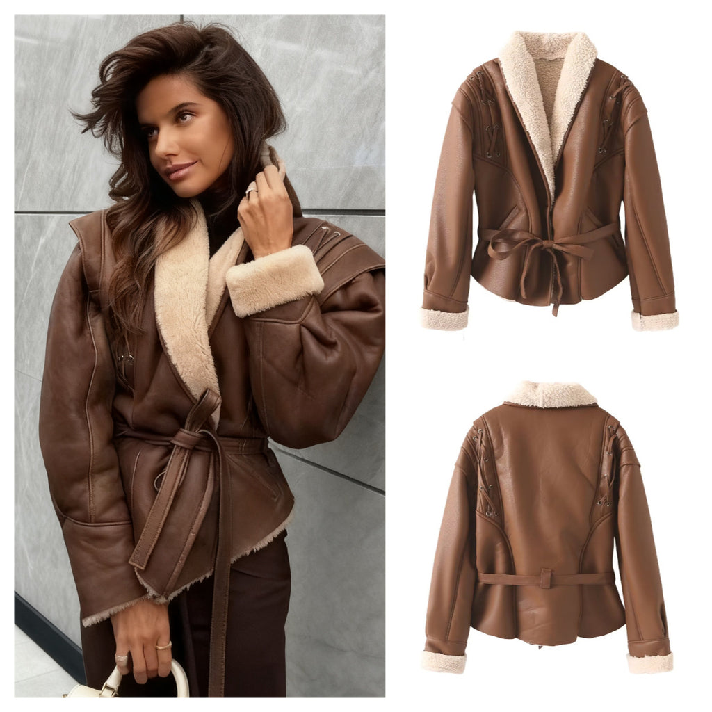 Women's Short Faux Leather Jacket with Teddy Lining, Shawl Collar and Waist Belt Fashion Glam