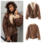 Women's Short Faux Leather Jacket with Teddy Lining, Shawl Collar and Waist Belt Fashion Glam