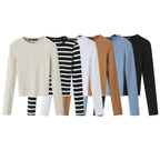 Women Striped Cropped Long Sleeve Shirt with Round Neckline Fashion Glam
