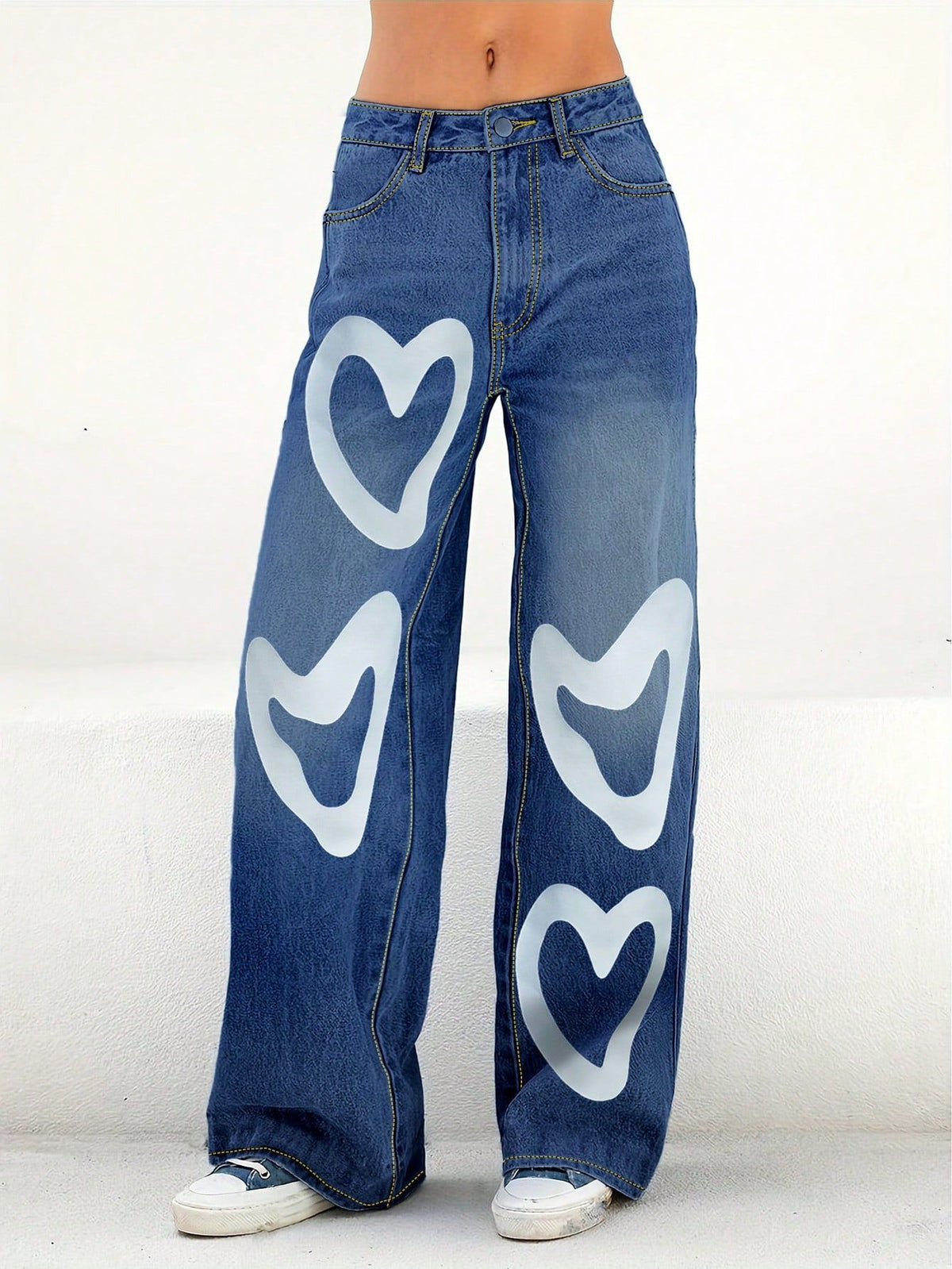 Ladies High-Waist Wide-Leg Jeans with large heart print Fashion Glam