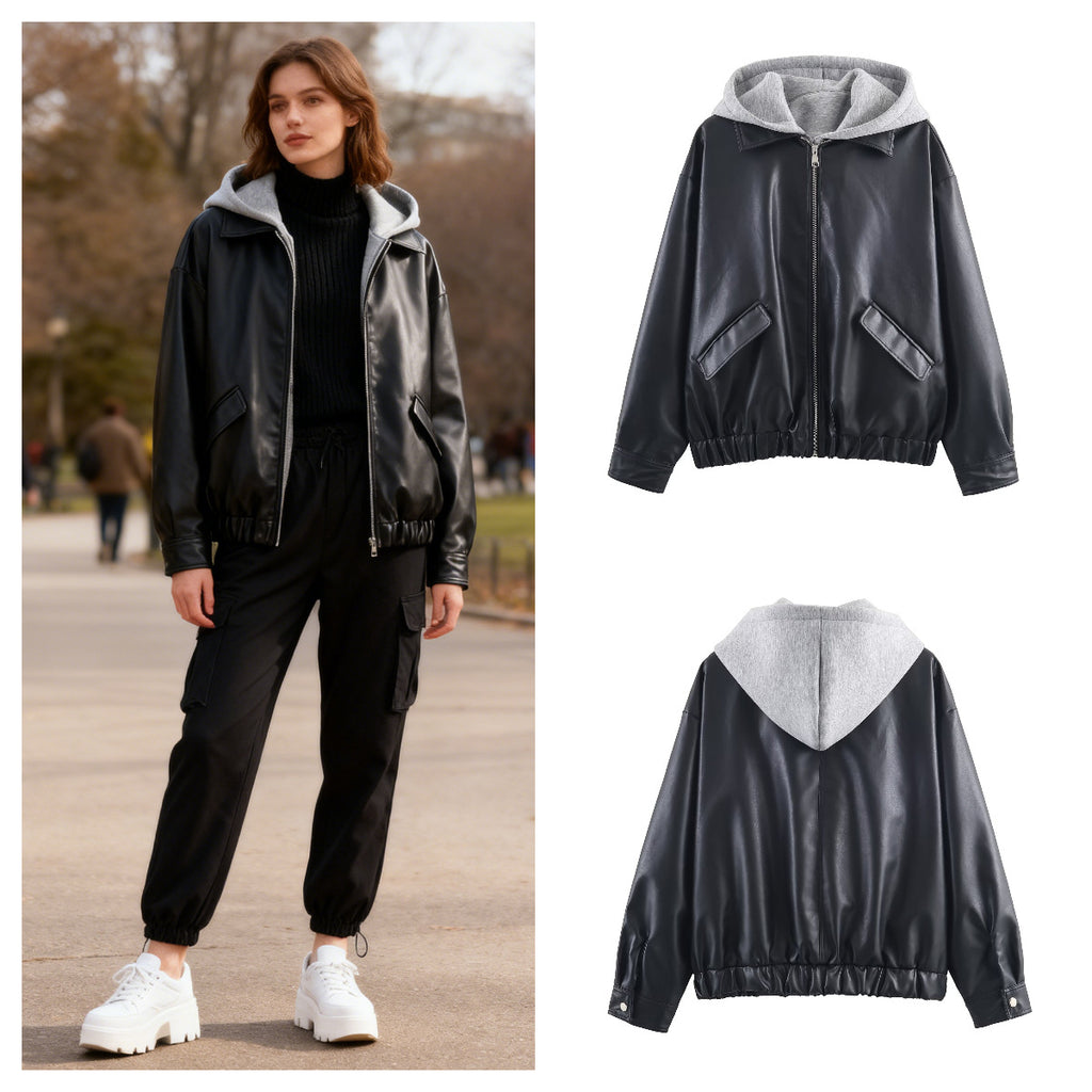 Women's Faux Leather Bomber Jacket with Contrasting Hood in Sweatstyle and Elastic Hem Fashion Glam