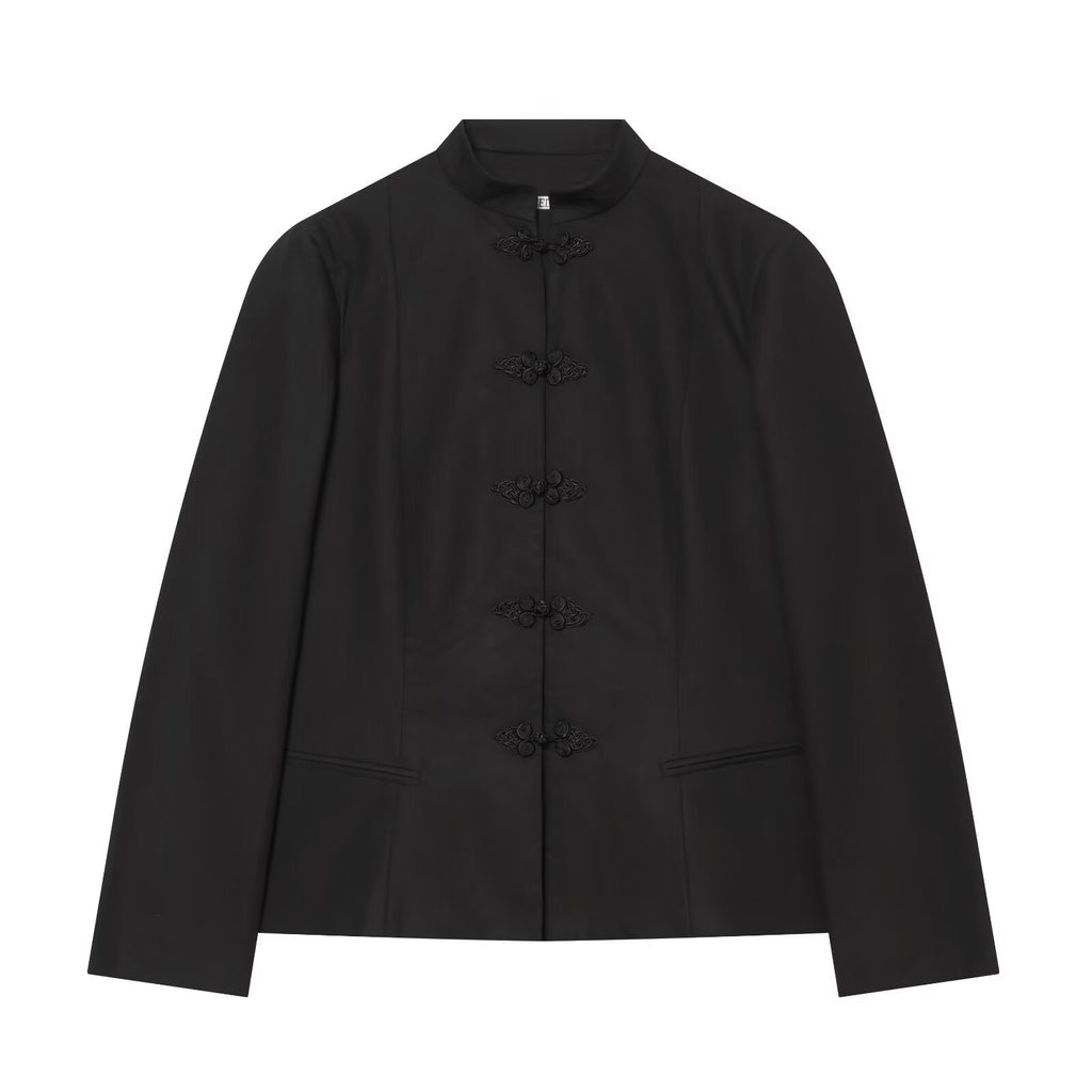 Women's Tailored Short Blazer with Mandarin Stand Collar and Decorative Frog Closures Fashion Glam