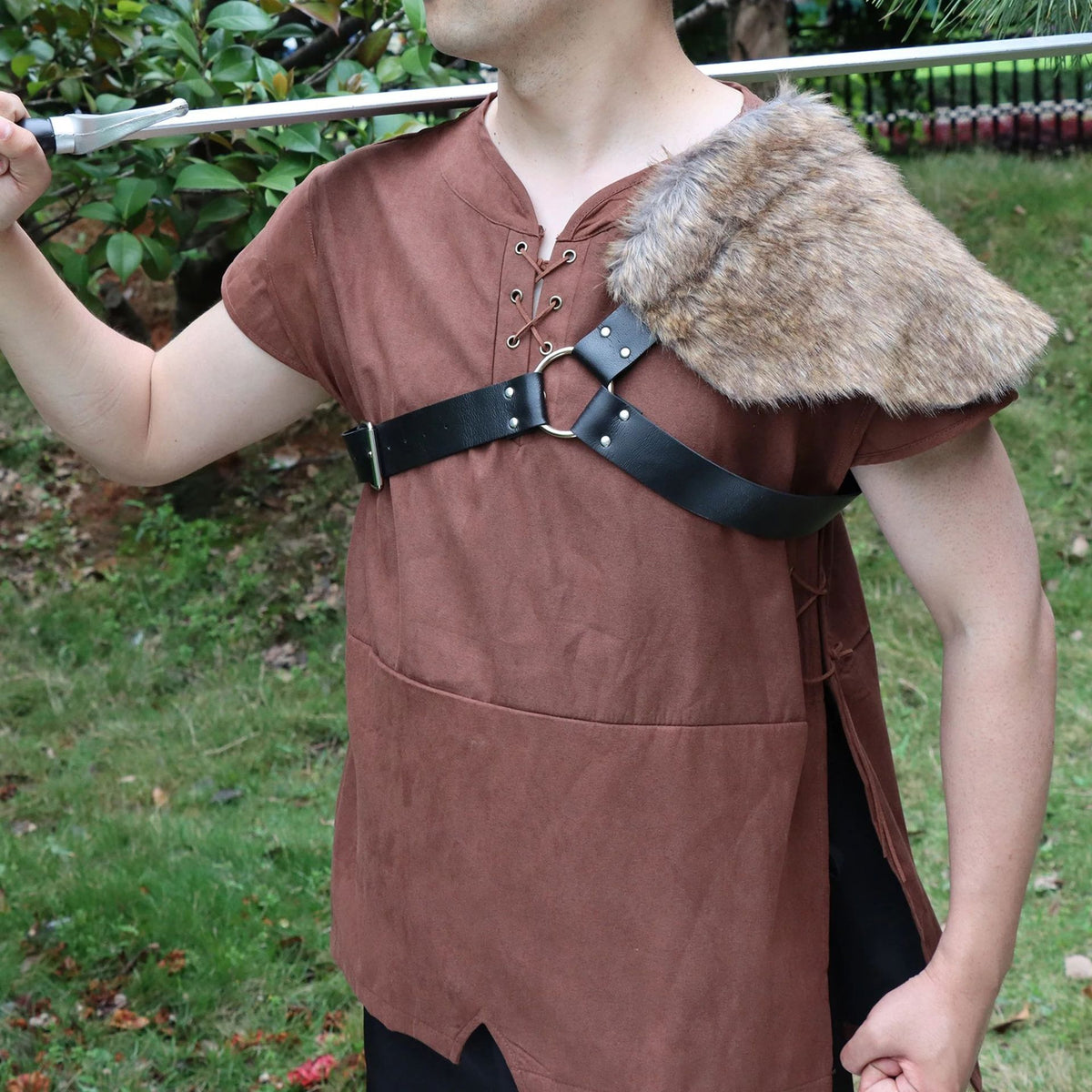 Men's asymmetrical shoulder harness with faux fur shoulder cape and adjustable leather straps Fashion Glam