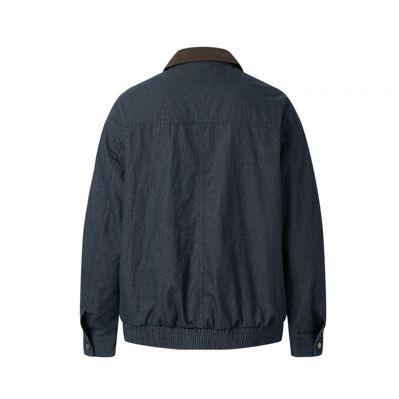 Men's short canvas jacket with corduroy collar, chest zipper, and elastic hem Fashion Glam