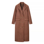 Women's Long Double-Breasted Wool Blend Coat with Classic Lapels and Flap Pockets Fashion Glam