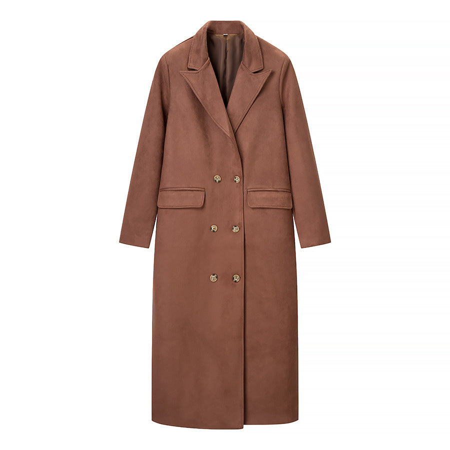 Women's Long Double-Breasted Wool Blend Coat with Classic Lapels and Flap Pockets Fashion Glam