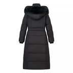 Women's Longer Quilted Down Coat with Hood, Faux Fur Trim and Waist Belt Fashion Glam
