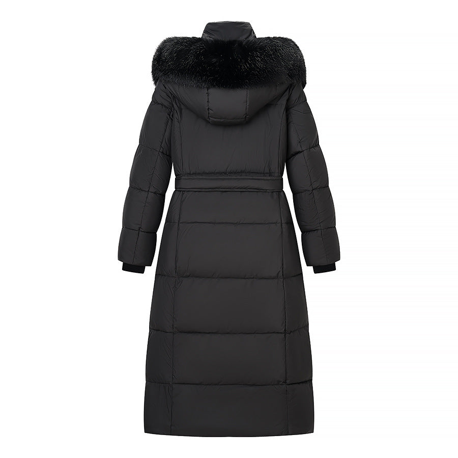 Women's Longer Quilted Down Coat with Hood, Faux Fur Trim and Waist Belt Fashion Glam