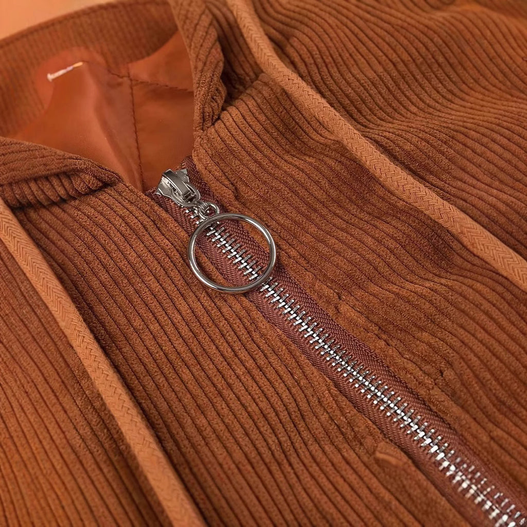 Ladies Cord Jacket with Hood, Teddy Lining and Ring Zipper Fashion Glam