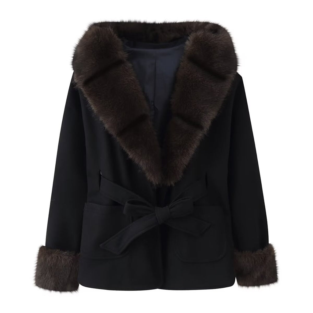 Women's Short Wool Blend Coat with Faux Fur Collar, Waist Belt and Patch Pockets Fashion Glam