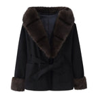 Women's Short Wool Blend Coat with Faux Fur Collar, Waist Belt and Patch Pockets Fashion Glam