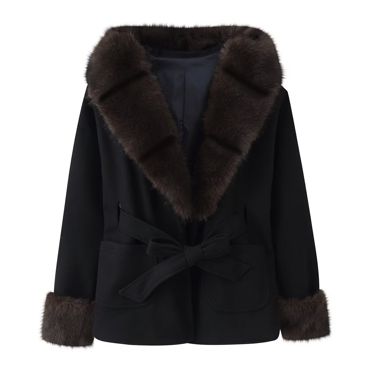 Women's Short Wool Blend Coat with Faux Fur Collar, Waist Belt and Patch Pockets Fashion Glam