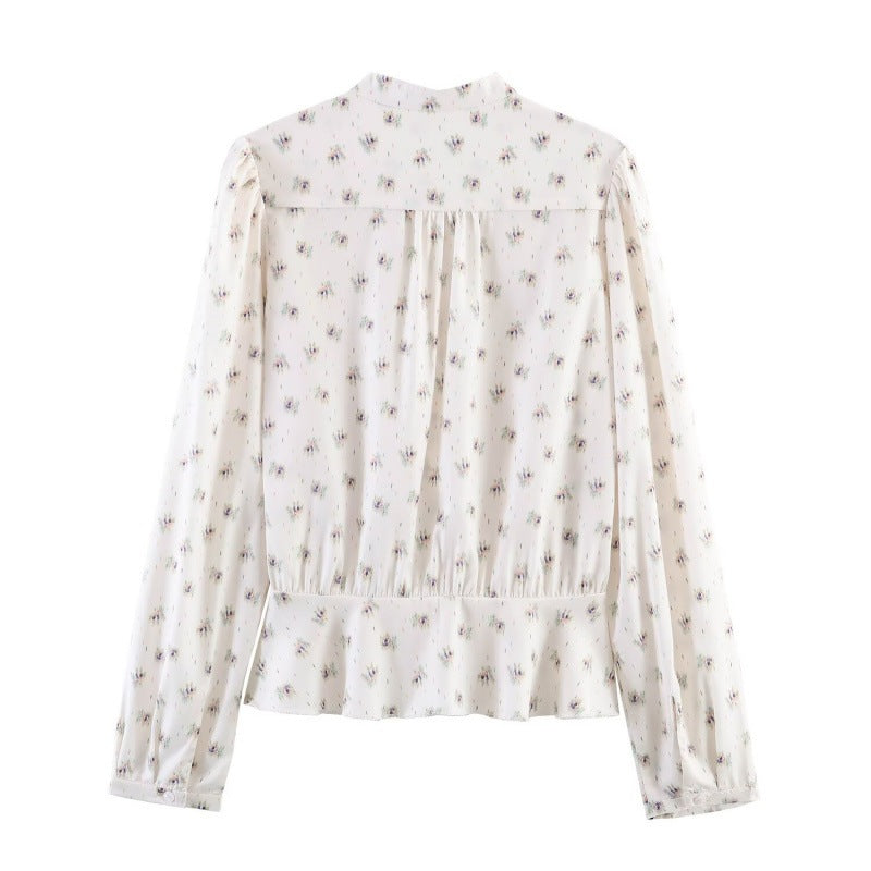 Women's Lightweight Viscose Blouse with Stand Collar, Ribbon Tie and Chest Pleats Fashion Glam