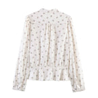 Women's Lightweight Viscose Blouse with Stand Collar, Ribbon Tie and Chest Pleats Fashion Glam