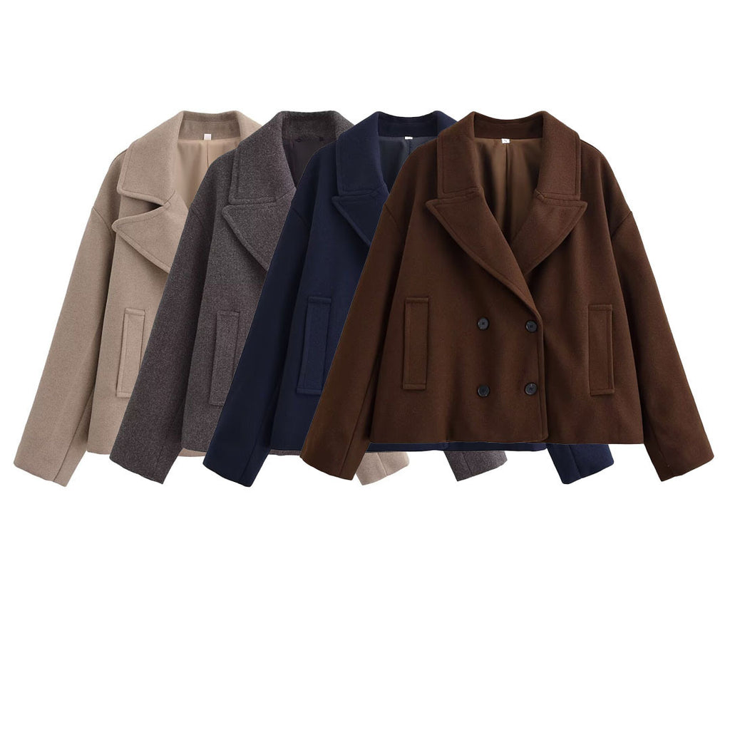 Women's Short Cut Double-Breasted Wool Blend Coat with Oversized Lapel Fashion Glam