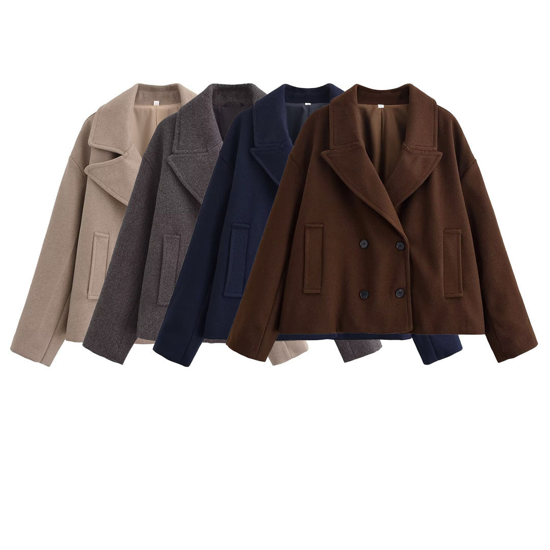 Women's Short Cut Double-Breasted Wool Blend Coat with Oversized Lapel Fashion Glam