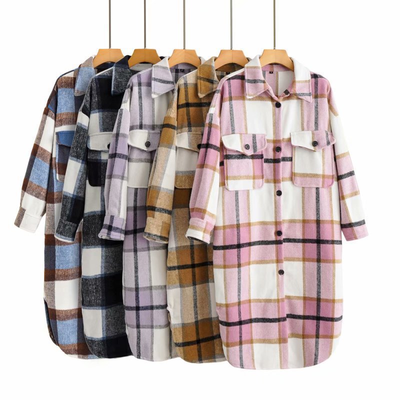 Women Checkered Longline Shirt Jacket Coat with Patch Pockets Fashion Glam