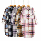 Women Checkered Longline Shirt Jacket Coat with Patch Pockets Fashion Glam