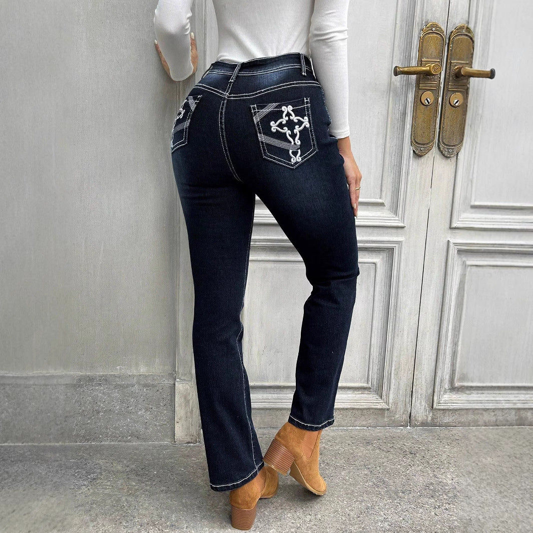 Women High-waisted slim fit Straight Jeans with contrast seams and slight flare Fashion Glam