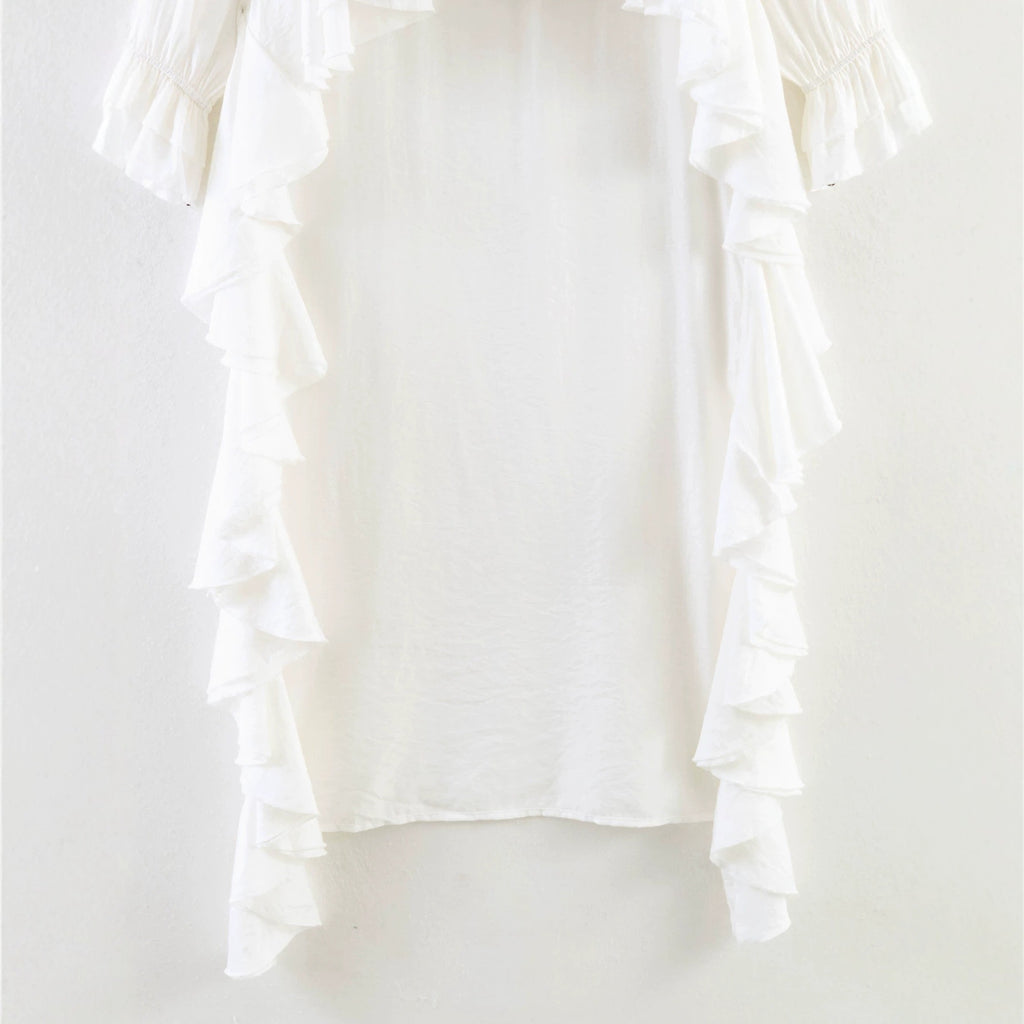 Women's maxi dress with asymmetric ruffle trim, V-neck and long ruffle sleeves Fashion Glam