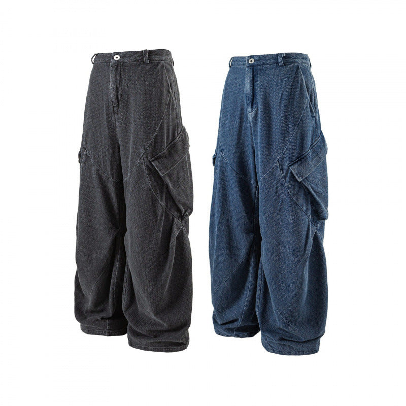 Unisex Wide Cargo Jeans with High Waist, Panel Seams and Flap Pockets Fashion Glam