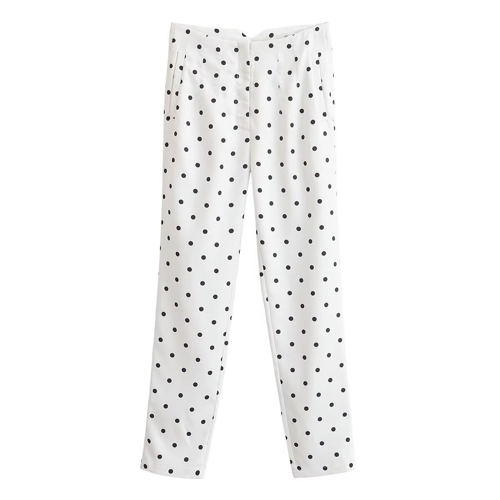 Women's high-waisted tapered fabric pants with polka dot print and elegant waistband processing Fashion Glam