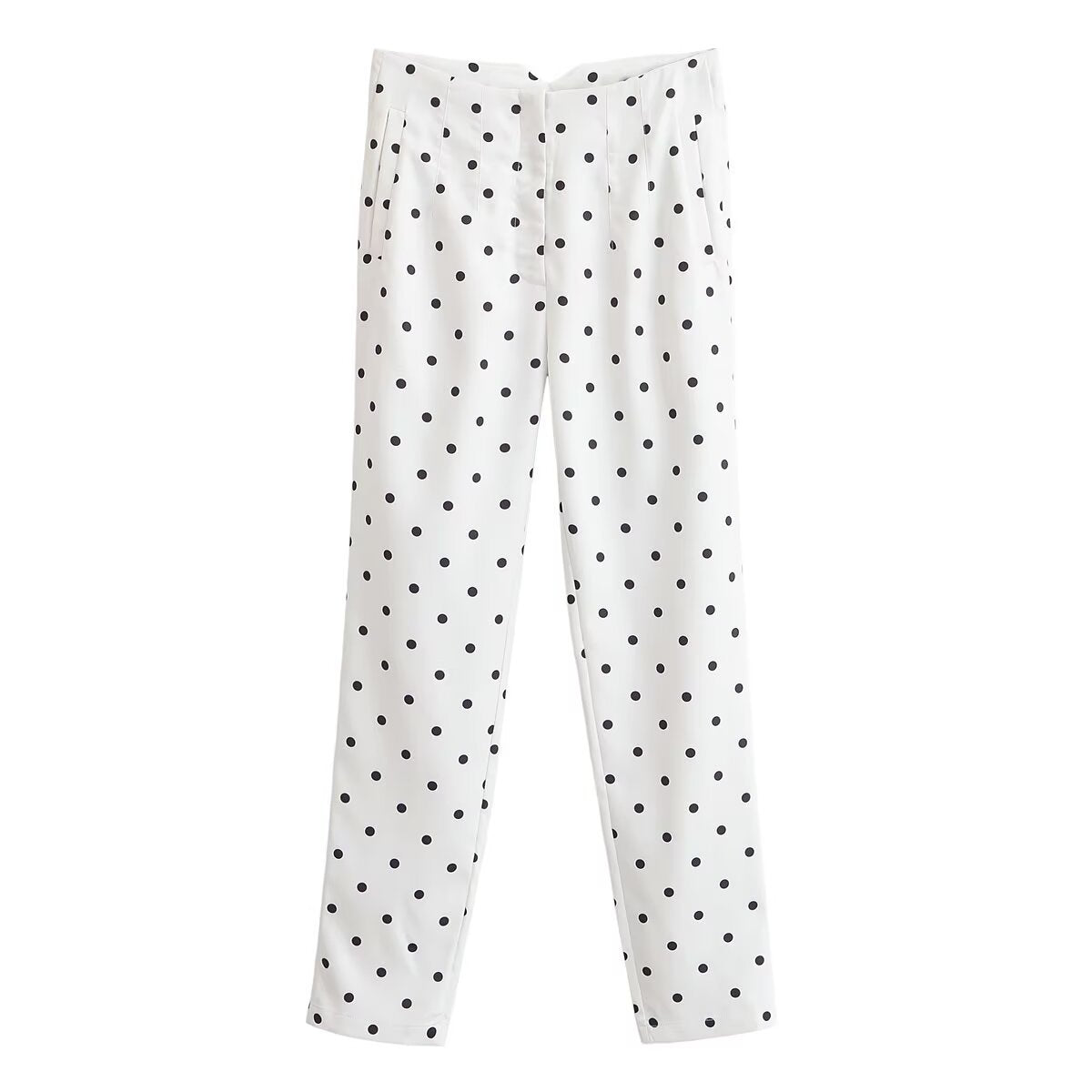 Women's high-waisted tapered fabric pants with polka dot print and elegant waistband processing Fashion Glam