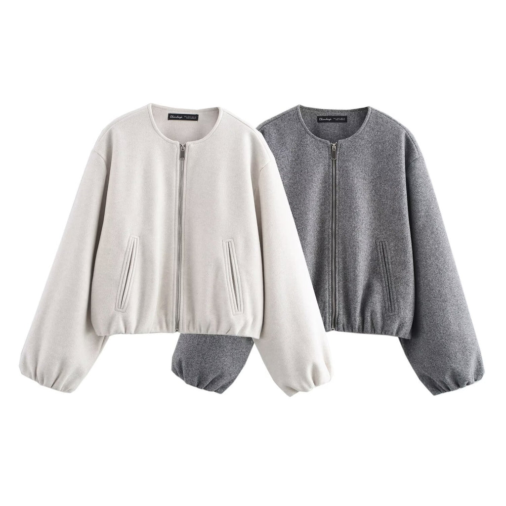 Ladies short-cut suede-look bomber jacket with round neck and balloon sleeves Fashion Glam
