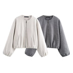 Ladies short-cut suede-look bomber jacket with round neck and balloon sleeves Fashion Glam