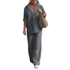 Women's Lightweight Linen Look Two-Piece with Oversized Shirt and Wide Palazzo Pants Fashion Glam
