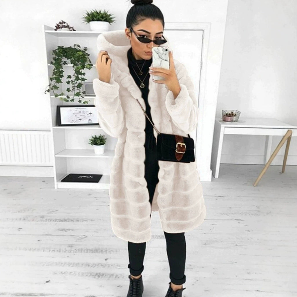 Women's Hooded Faux Fur Coat with Quilted Panel Structure Fashion Glam