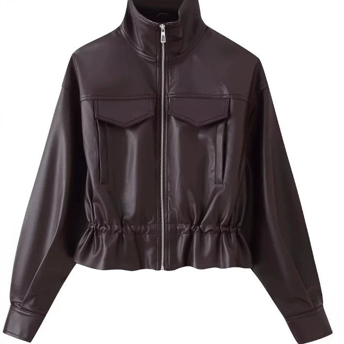 Women cropped faux leather jacket with stand collar, zipper and tailored smocking Fashion Glam