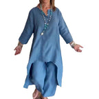 Women's Midi-Length Linen Tunic Set with Asymmetric Hem and Wide Palazzo Pants Fashion Glam