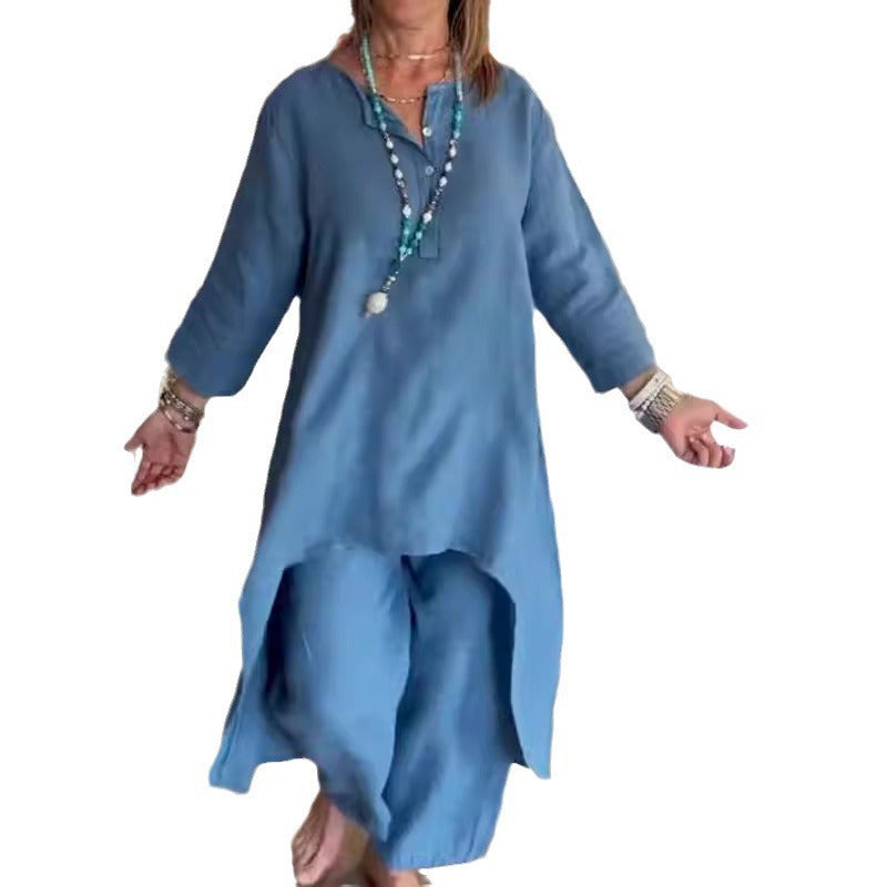 Women's Midi-Length Linen Tunic Set with Asymmetric Hem and Wide Palazzo Pants Fashion Glam