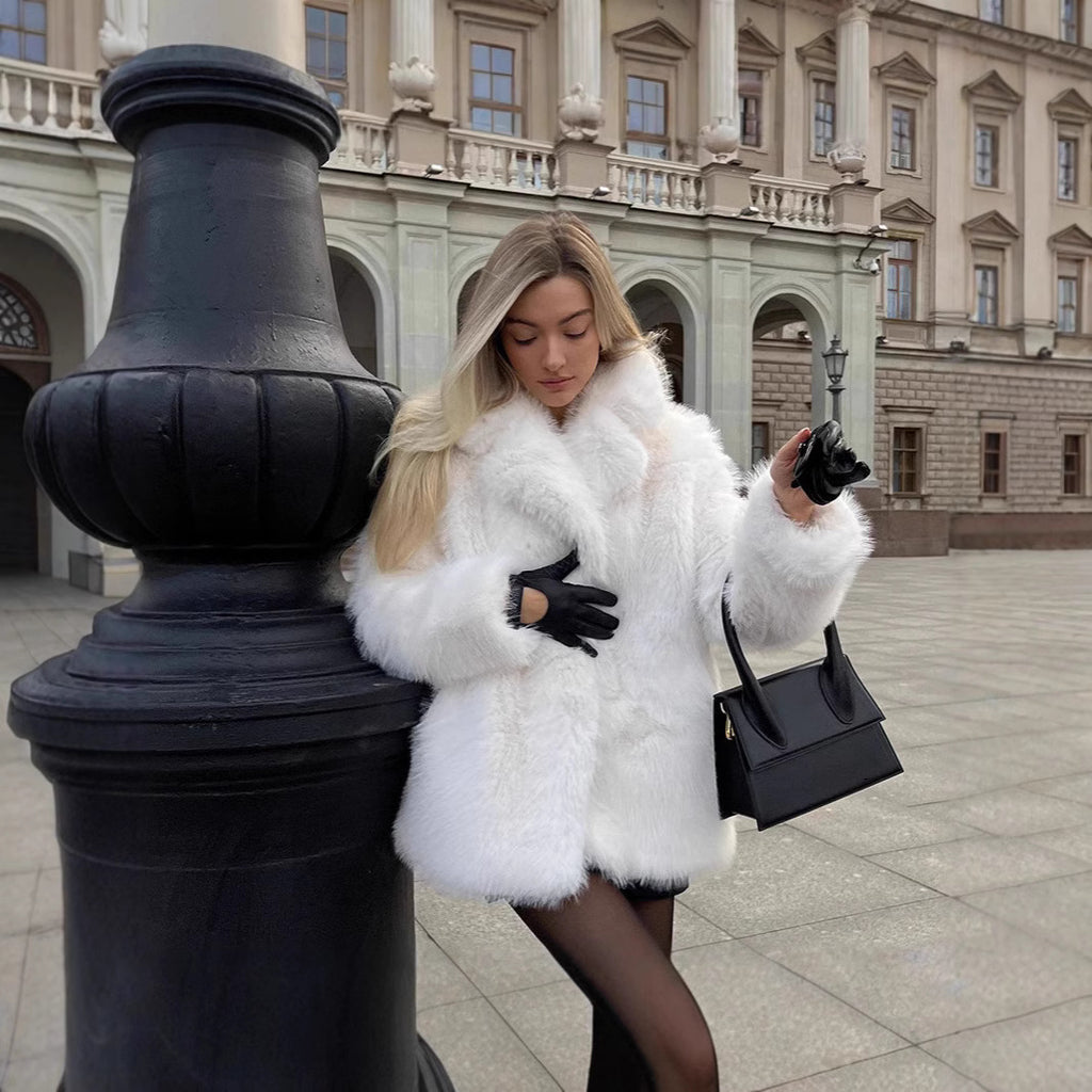 Ladies Short Boxy Faux-Fur Cardigan with Dense High Pile and Open Front Fashion Glam