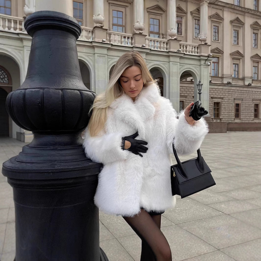 Ladies Short Boxy Faux-Fur Cardigan with Dense High Pile and Open Front Fashion Glam