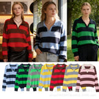 Women Striped Oversize Rugby Sweater with Polo Collar and V-Neck Fashion Glam
