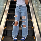 Women's High-Waist Baggy Jeans with large knee rips and straight leg Fashion Glam