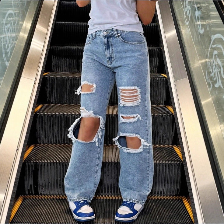 Women's High-Waist Baggy Jeans with large knee rips and straight leg Fashion Glam