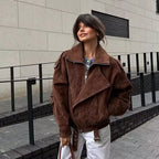 Women Oversize Bomber Jacket with Wide Lapel Collar, Waist Belt and Shoulder Epaulettes Fashion Glam