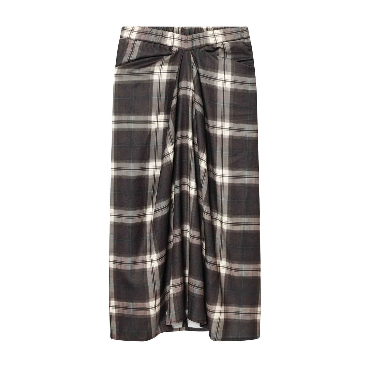 Women's midi skirt with check pattern and decorative front draping Fashion Glam